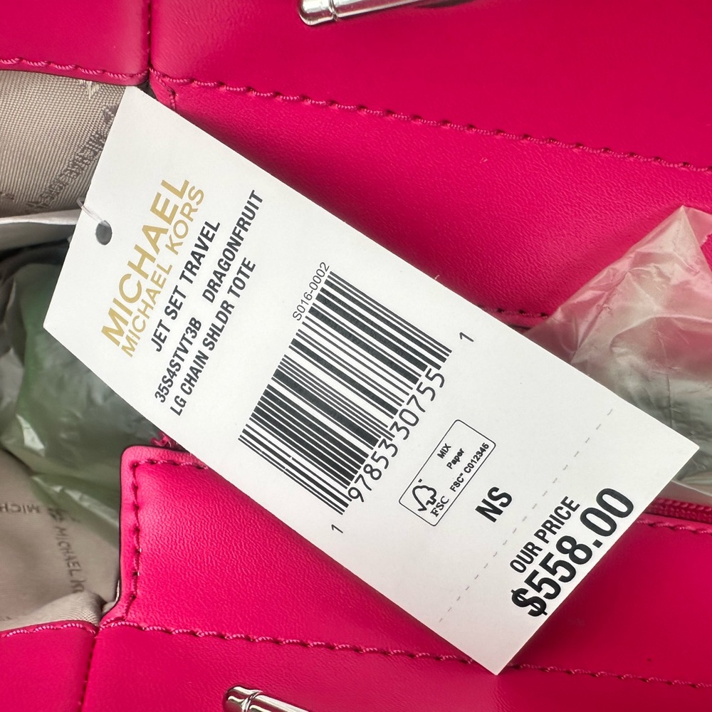 Michael Kors Jet set large chain shoulder tote Dragonfruit mk logo - Picture 12 of 16